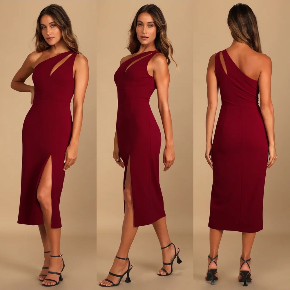 Lulu’s Burgundy One Shoulder Midi Dress